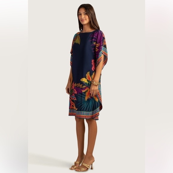 Trina Turk Global Silk Caftan Dress Womens Extra Small Navy Floral Tropical $398 - Picture 6 of 15